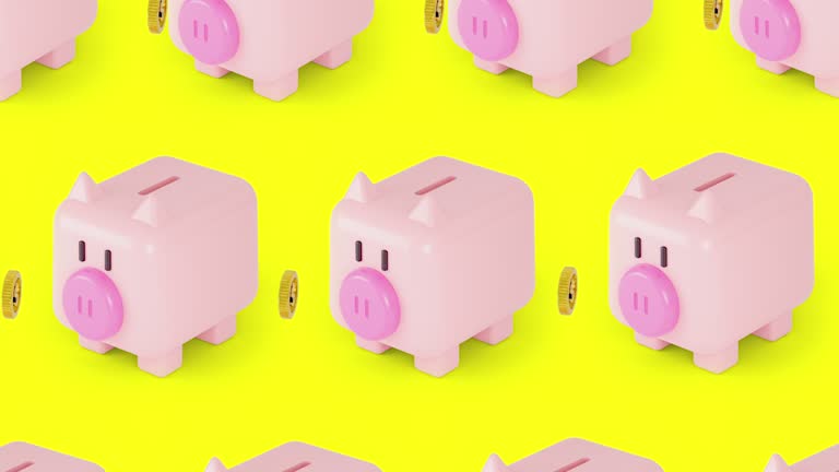 3d Animation a lot of pig piggy saving money storage bank.