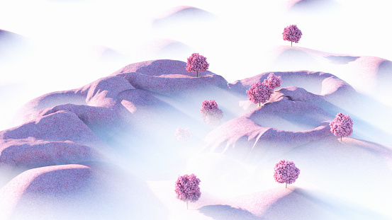 Sunrise over idyllic fogy landscape with blossom cherry trees and pink hills, 3d render.
