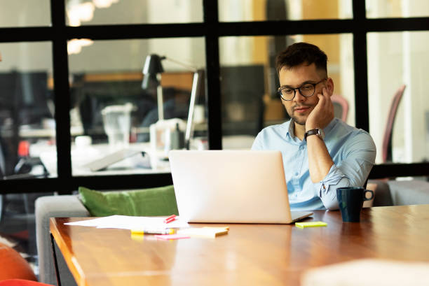 istock Portrait of handsome man working on laptop. 1496305757