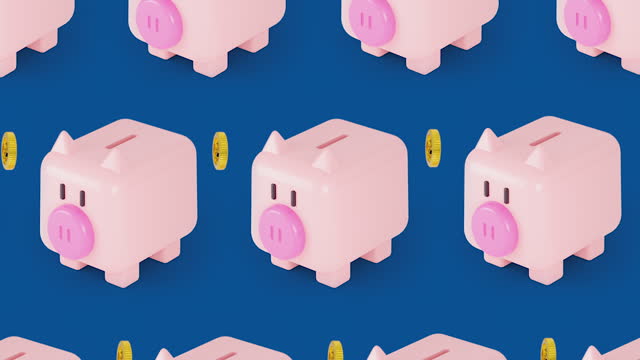 3d Animation a lot of pig piggy saving money storage bank.