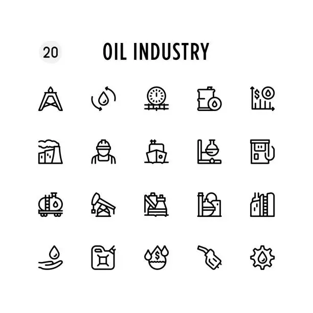 Vector illustration of Oil Industry Line Icon Set. Editable Stroke. Pixel Perfect.