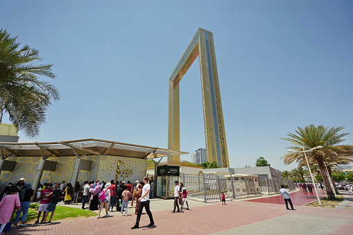 Dubai Frame, bottom-up view, best new attraction, architectural landmark in Zabeel Park. Dubai, UAE - April, 2023