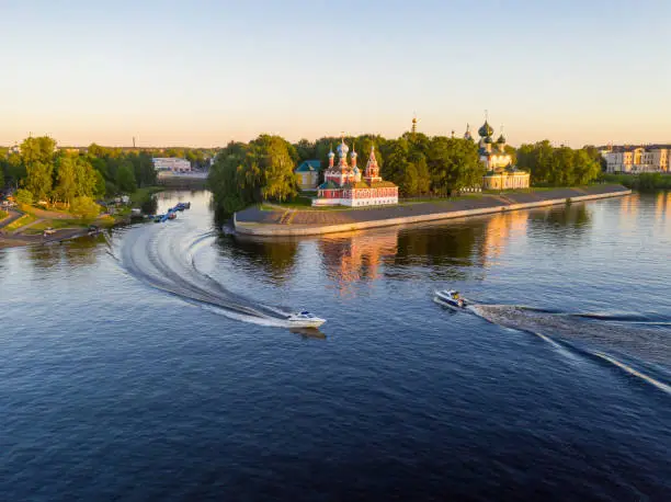The Volga is one of the largest rivers in Russia. In the ancient city of Uglich, on its picturesque steep bank, stands the Church of Demetrius on the Blood - an Orthodox church marking the site of the murder of Tsarevich Dimitri.