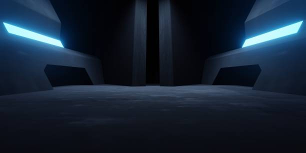 istock 3d rendering of blue neon glowing spaceship corridor hallway dark background. Scene for advertising, showroom, technology, future, modern, sport, game, metaverse. Sci Fi Illustration. Product display 1496309797