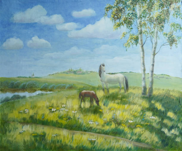 istock Horses on a field oil painting impressionism modern. 1496309833