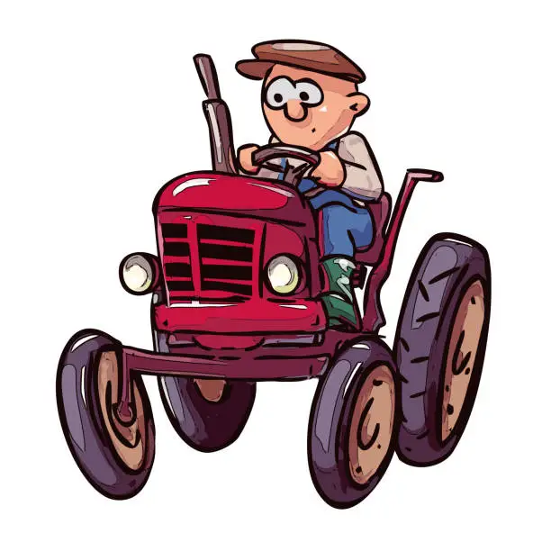 Vector illustration of farmer driving a tractor - cartoon illustration, isolated on white background