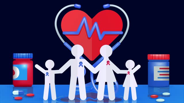 Family in paper cut shape, with medical stethoscope and heartbeat background