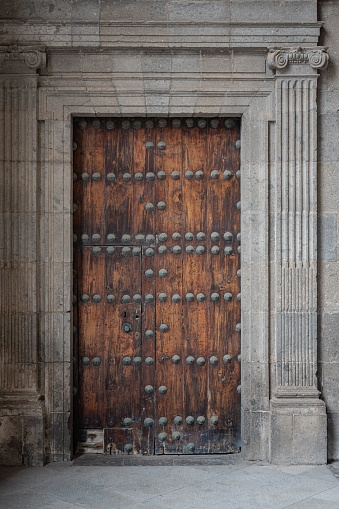 A vertical of an old wooden door with rivets and metal screws