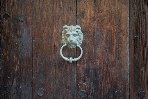 Ancient middle age iron door handle with a lion muzzle and ring, closeup, details