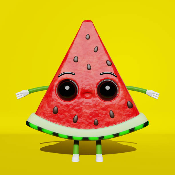 istock Cute watermelon slice creative 3D character yellow background summer vacation Funny fresh juicy fruit Kids illustration. 1496312874