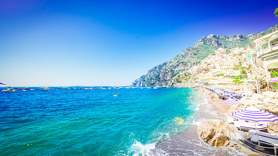 Thyrenian sea and beach of Positano - famous old italian resort, Italy, web banner format