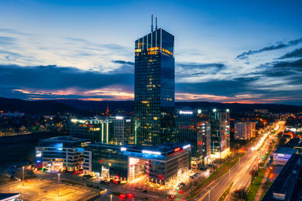 Modern architecture of the business district of Oliwa in Gdansk at dusk, Poland. Gdansk, Poland - March 25, 2023: Modern architecture of the business district of Oliwa in Gdansk at dusk, Poland. gdansk city stock pictures, royalty-free photos & images