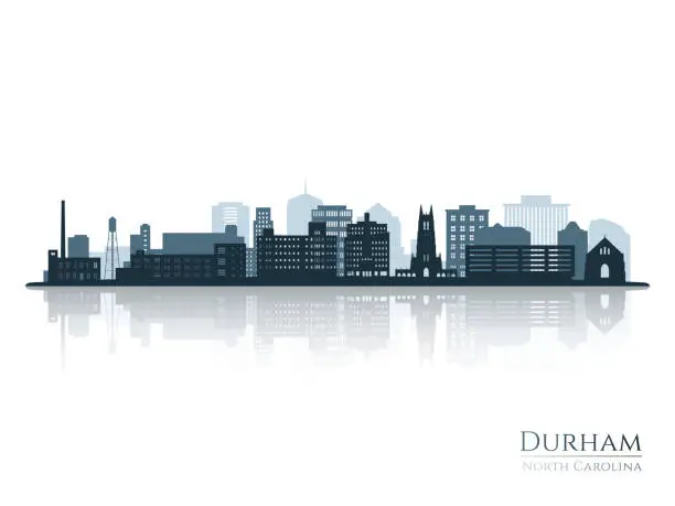 Vector illustration of Durham skyline silhouette with reflection. Landscape Durham NC. Vector illustration.