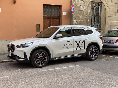 Cremona, Italy - May 2023 new bmw x1 2023 suv test vehicle parked in the street