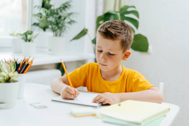 istock Distance learning online education. Caucasian smile kid boy studying at home with book, writing in notepad and doing school homework. Thinking child siting at table with notebook. Back to school 1496314995