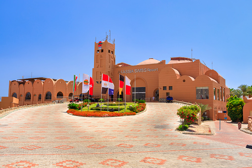 Marsa Alam, Egypt - May 7, 2023: Beautiful architecture of the Akassia Swiss Resort by the Red Sea in Marsa Alam, Egypt.