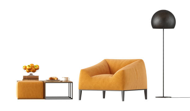 istock Modern orange armchair with coffee table on white 1496319940