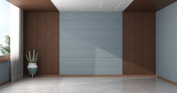 istock Empty room with wood paneling and blue wall 1496319991