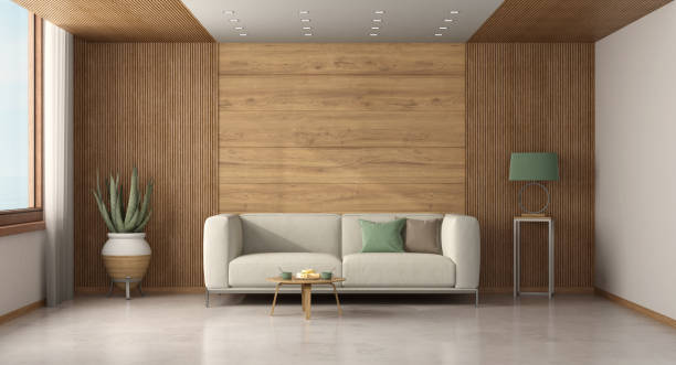 istock Modern living room with white sofa and wood paneling 1496320005