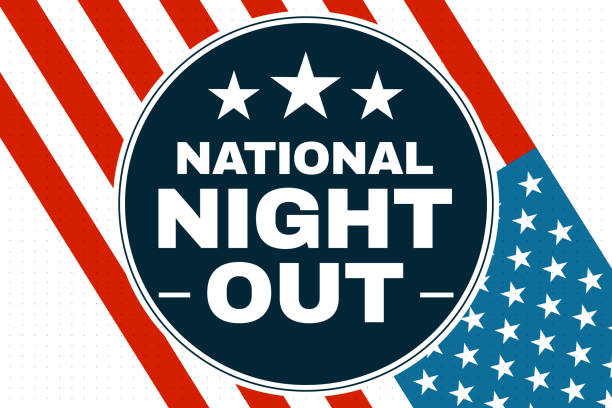 national night out hintergrund in patriotischem konzept mit der usa-flagge und typografie in der mitte. der erste dienstag im august wird begangen, um das bewusstsein der polizei für die sicherheit der gemeinschaft zu schärfen, hintergrund - nachtleben stock-grafiken, -clipart, -cartoons und -symbole