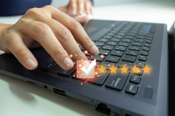 istock Customer satisfaction assessment rating 5 stars by notebook, User has received excellent service, Review the highest rated service, the best attention, impressed very good service, feedback from guest 1496325137