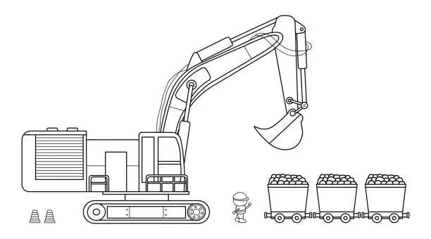 Vector illustration of Hand drawn color children construction medium size excavator with mining carts and construction worker clipart