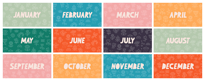 Set of postcards with 12 months of the year. January, February, March, April, May, June, July, August, September, October, November, December. Hand lettering on a floral background.