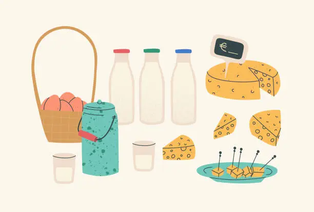 Vector illustration of Composition of dairy products and eggs. Fair of local products. Cheese, milk and eggs. Vector isolated elements with textures.