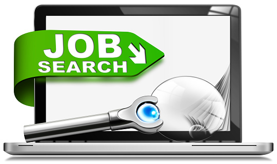 Job Search Concept. 3D illustration of a modern laptop computer with text Job Search and a magnifying glass, isolated on white background.