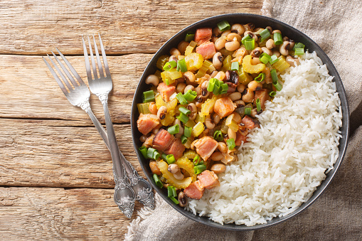 Brazilian typical lunch, rice and brown beans plate.