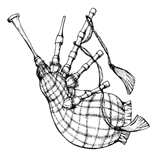 ilustraciones, imágenes clip art, dibujos animados e iconos de stock de boceto vectorial dibujado a mano a mano con tinta de objeto aislado. símbolo de escocia, patrón de tartán tradicional instrumento musical de gaita escocesa. diseño para turismo, viajes, folleto, guía, impresión, tarjeta, tatuaje. - gaitero