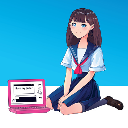 Cute anime girl sitting on the floor in school sailor-style uniform