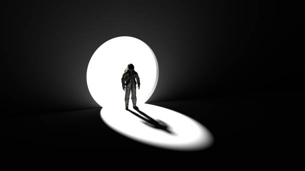 istock Astronaut cosmonaut stands in circular passage in wall. Cosmic gateway to another dimension, journey through the universe. 3d render 1496333455