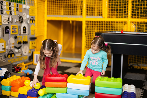 Two sisters playing at kids play center while build with colored plastic blocks.