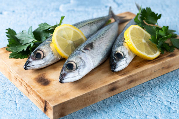 istock Raw mackerel fish salt around on blue background 1496335752