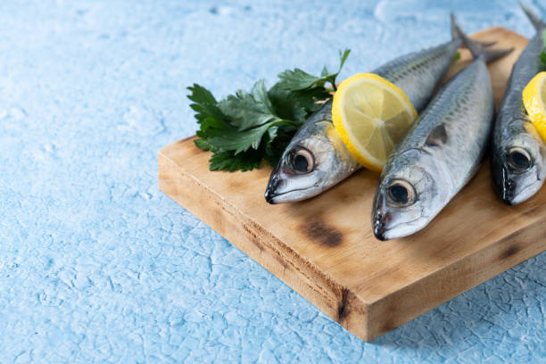 istock Raw mackerel fish salt around on blue background 1496335767