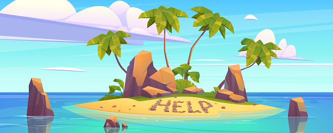 Uninhabited tropical sea island cartoon landscape. Tiny isle scene with rock and palm tree on sea shore beach. Loneliness paradise calm ocean water and help text with stone on sand panoramic view