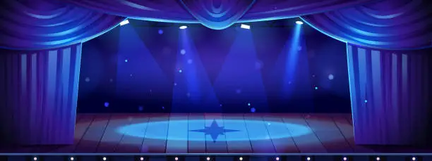 Vector illustration of Cartoon theater stage with blue curtains