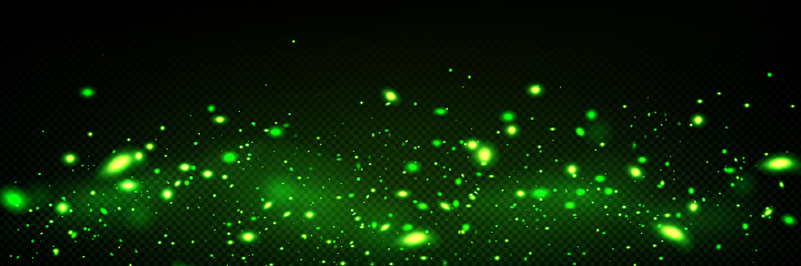 Light effect of green fireflies at night. Magic sparkles, glow of bugs or fluorescent dust shine isolated on dark transparent background, vector realistic illustration
