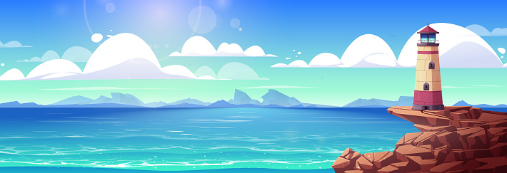 Lighthouse on island cliff sea coast cartoon vector illustration. Beacon on rock beach shore near ocean calm water scene. Marine horizon landscape background. Panoramic seascape view with cloud