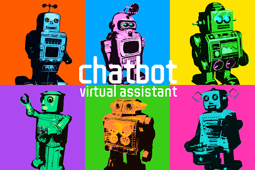 Retro toy styled Robots for Chatbot or Artificial Intelligence concept. Artificial Intelligence, Facial Recognition Technology, computer, Big Data, Chatbot, Biometrics, Automated, Virtual Reality. Robot, science, technology,