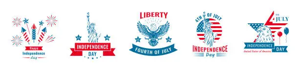 Vector illustration of 4th of July, United Stated independence day greeting, logo. July fourth in USA emblems. Vector logo.