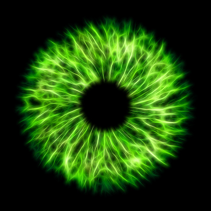 Illustration of a green electrify human iris on black background