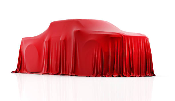istock Car covered with red cloth on a white background. 1496342830