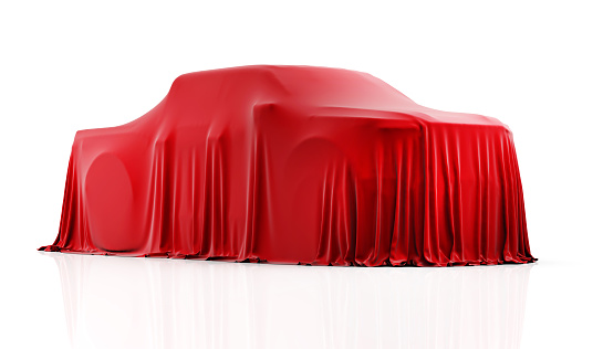 Car covered with red cloth on a white background. 3d illustration