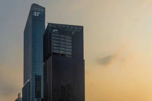 Jakarta, Indonesia - May 2023: two modern skyscraper buildings in Jakarta Business District.