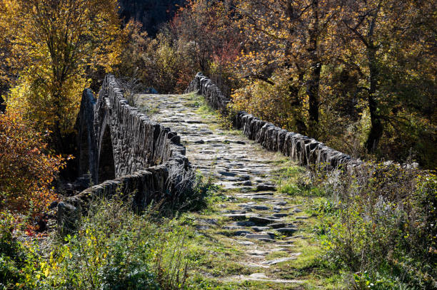 Old bridge in Greece View of the traditional stone Mylos Bridge in Epirus, Greece in Autumn zagori stock pictures, royalty-free photos & images