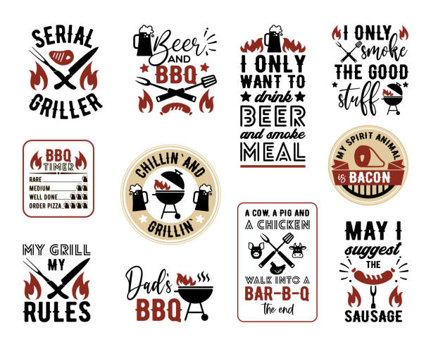 illustrations, cliparts, dessins animés et icônes de lettrage amusant sur les grillades et le barbecue. inscriptions vectorielles pour t-shirt, affiche, carte. - round of beef