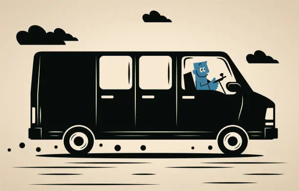 Vector illustration of A smiling blue man driving a camper van, shuttle bus, school bus, or motor home