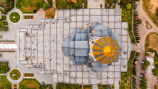 Aerial top-down view of The Holy Trinity Cathedral of Tbilisi also Known as Sameba, Tbilisi